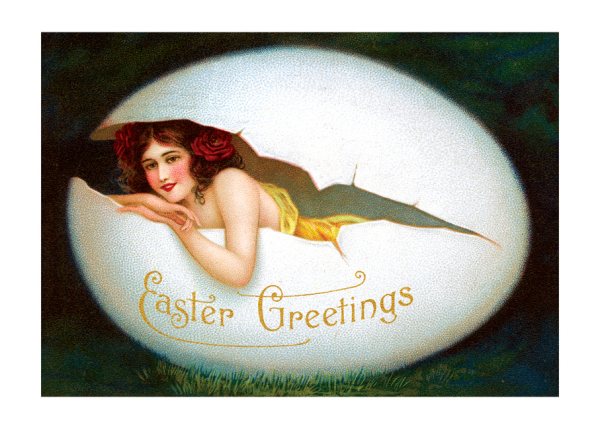 Smiling Woman in Egg Easter Greetings Postcard. 6 Cards, Individually Bagged  with Envelopes