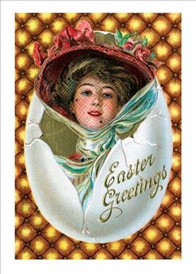 Woman with Hat in Egg Easter Greetings Postcard. 6 Cards, Individually  Bagged with Envelopes