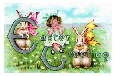 Bunnies and Girl Blank Easter Card