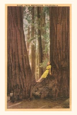 Vintage Journal Girl in Nook of Twin Redwood Trees