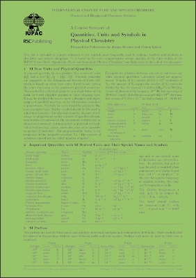 Concise Summary of Quantities, Units and Symbols in Physical Chemistry: Set of 10