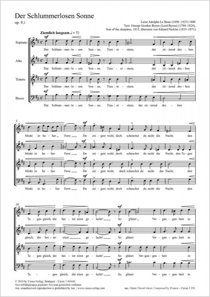 Der Schlummerlosen Sonne - B minor, Op. 9,1 nr. 1 from: Fünf Lieder für gemischten Chor Op. 9, Köln 1880