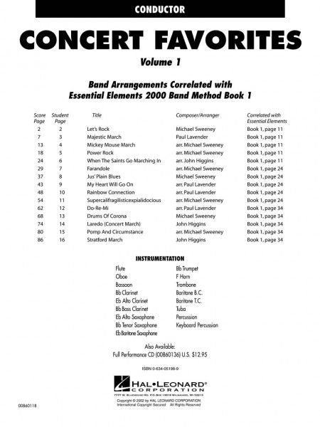 Concert Favorites Vol. 1 - Conductor 15 Easy Selections for Concert Band