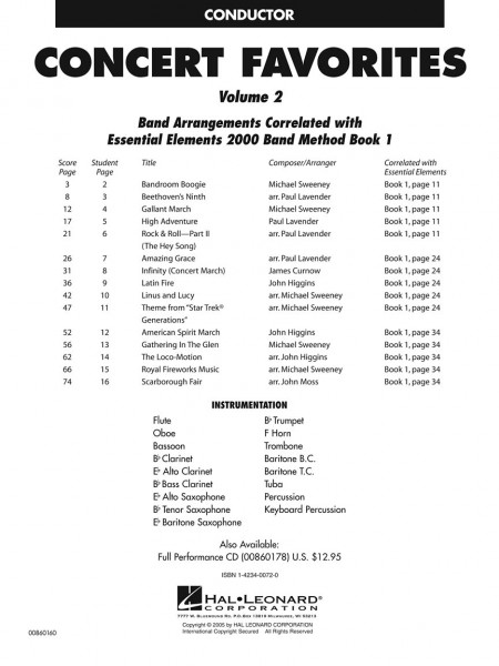 Concert Favorites, Vol. 2 - Conductor 15 Easy Selections for Concert Band