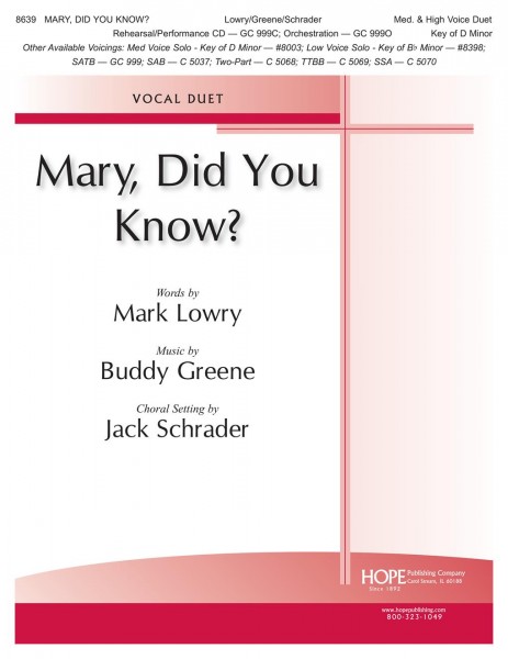 Mary, Did You Know? Med. & High Voice Duet Key of D Minor