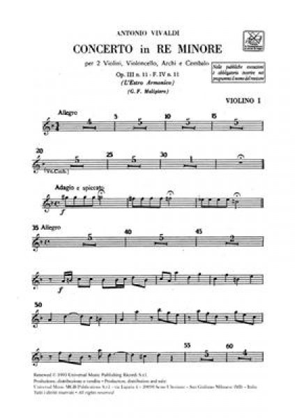 Concerto Per Vl. E Vc. Solisti, Archi E B.C.: Op.Iii N.11 Rv 565 E 1 Vc., F.Iv/11 - Tomo 416 - Parti