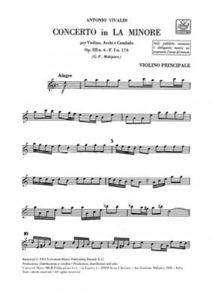 Concerto per Violino, Archi e BC In La Min. Rv 356 Op.Iii N.6 , F.I-176 - Parti