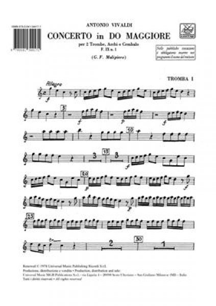 Concerto in Do Maggiore RV 537 (F IX, 1 - T 97) Ed. G.F. Malipiero - 3 Vl 1, 3 Vl 2, 2 Vla, 2 Vc,CB, Trp1, Trp2, Harpsichord