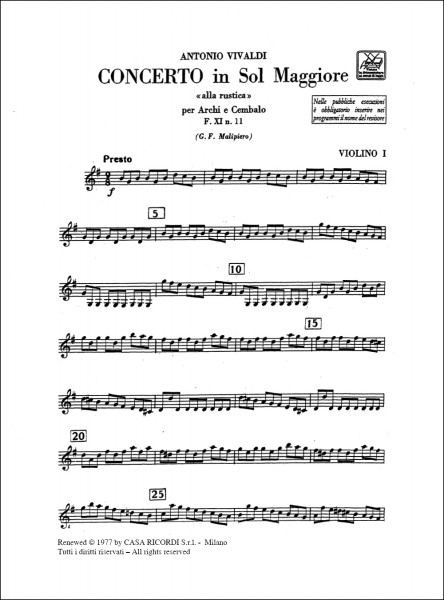 Concerto Per Archi E B.C.: In Sol 'Alla Rustica' Rv 151 Rv 151, F.Xi-11 - Tomo 49 - Parti