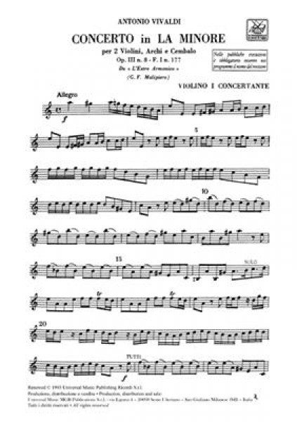 Concerto Per Vl. Archi E B.C.: Op.Iii N 8 Rv 522 Parti(Contiene B.C. Armonizzato Per Cembalo)