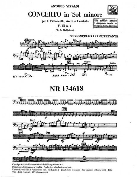 Concerto In G Minor F111/2 RV531 Per 2 Vc. In Sol Min. Rv 531,F.Iii-2-Tomo 61-Parti