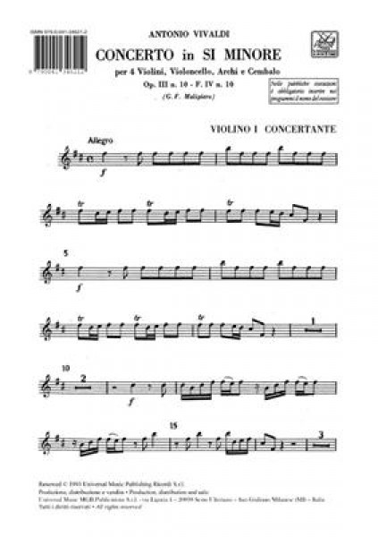 Concerto Per Vl. E Vc. Solisti, Archi E B.C.: Per 4 Vl. E 1 Vc. In Si Min. Op.Iii N.10 Rv 580, - F.Iv/10 - Tomo 415 - Parti