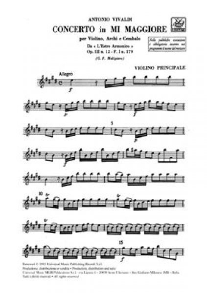 Concerto Per Vl., Archi E B.C.: In Mi Op.Iii N.12 Rv 265, F.I-179 -Tomo 417-Parti