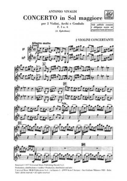 Concerto Per Vl., Archi E B.C.: Per 2 Vl. In Sol Rv 516 - F.I/6 - Tomo 27 - Parti