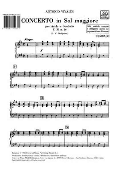 Concerto per Archi e B.C. in Sol RV 150 F.Xi-36 - Tomo 290 - Parti
