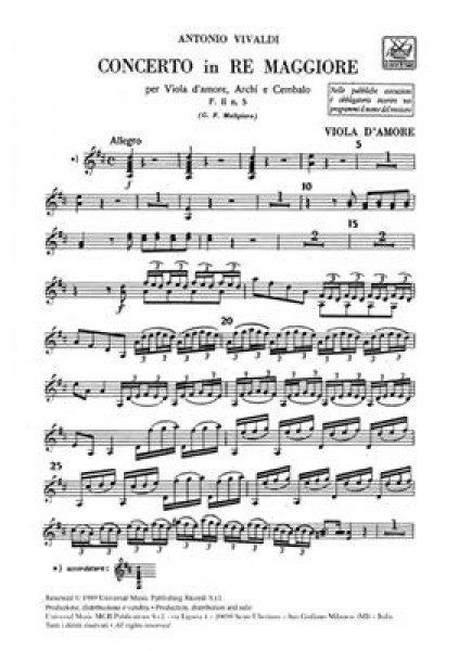 Concerto Per Vla D'Amore, Archi E B.C.: In Re Rv 392 F.Ii-5 - Tomo 337 - Parti