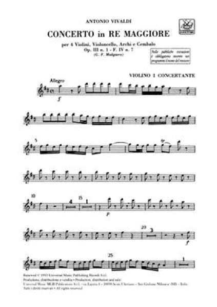Concerto Per Vl. E Vc. Solisti, Archi E B.C.: Per 4 Vl. E 1 Vc. In Re Op.Iii N.1 Rv 549 - F.Iv/7 - Tomo 406 - Parti
