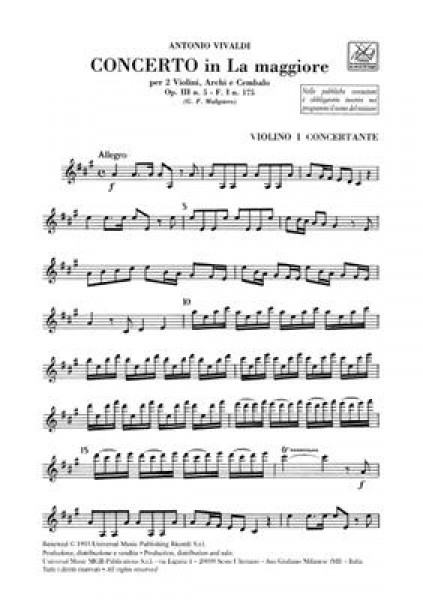 Concerto Per Vl., Archi E B.C.: Per 2 Vl. In La Op.Iii N.5 Rv 519, F.I-175 - Tomo 410 -Parti