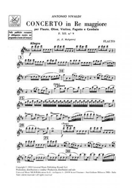 Concerto Per Strumenti Diversi E B.C.: In Re Per Fl., Vl. E Fg. 'Del Gardellino' Rv 90 - F.Xii/9 - Parti