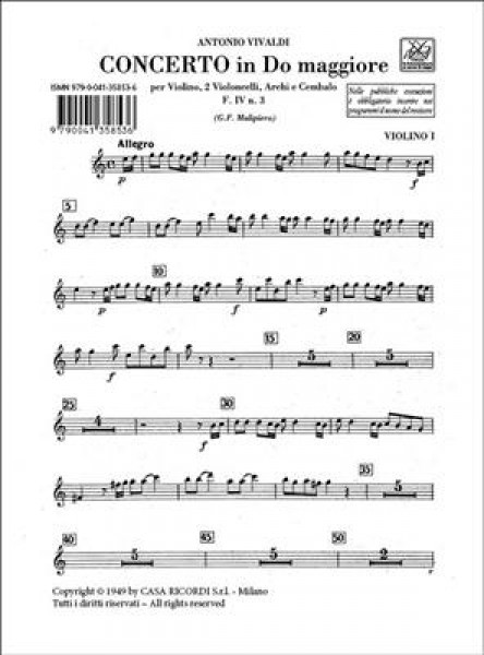 Concerto Per Vl. E Vc. Solisti, Archi E B.C.: Per 1 Vl. E 2 Vc. In Do Rv561,F.Iv-3-Tomo 53-Parti