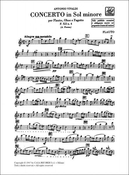 Concerto Per Strumenti Diversi E B.C.: In Sol Min. Per Fl., Ob. E Fg. (Senza B.C.) Rv 103 - F.Xii/4 - Tomo 23 - Parti