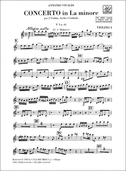 Concerto Per Vl. Archi E B.C.: Per 2 Vl In La Min Rv 523 - F.I/61 - Parti