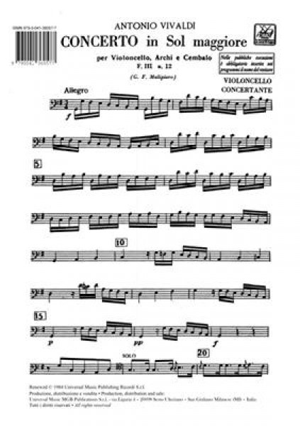 Concerto Per Vc., Archi E B.C.: In Sol Rv 413 F.Iii-12 - Tomo 231 - Parti