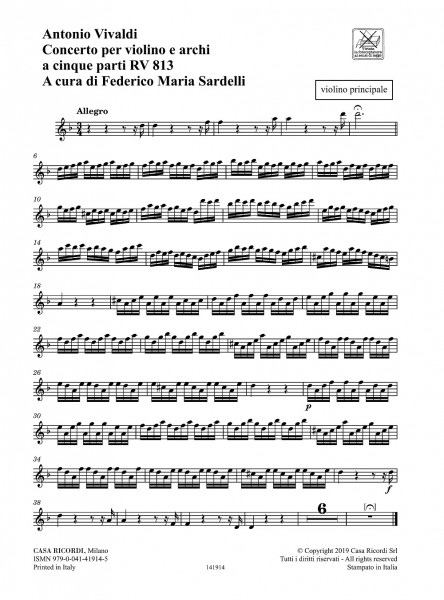 Concerto per Violino e Archi a Cinque Parti RV 813 a cura di Federico Maria Sardelli