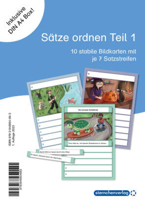 Sätze ordnen Teil 1: 10 stabile Bildkarten mit je 7 Satzstreifen in der DIN A4 Box mit Etikett gratis