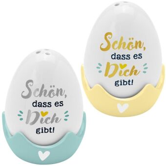 Eierbecher-Streuer-Set "Schön": Salz- & Pfefferstreuer mit 2 Eierbechern. Material: Porzellan, Papier