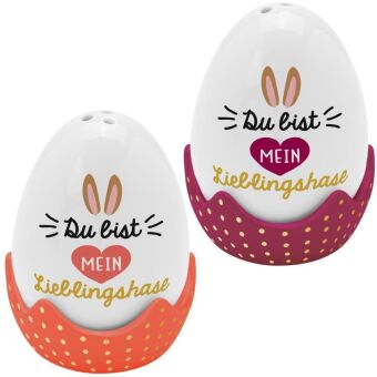 Eierbecher-Streuer-Set "Lieblingshase": Salz- & Pfefferstreuer mit 2 Eierbechern. Material: Porzellan, Papier