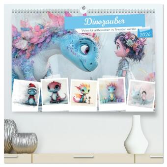 Dinozauber - Wenn Urzeitbewohner zu Freunden werden (hochwertiger Premium Wandkalender 2026 DIN A2 quer), Kunstdruck in: Bezaubernde Dinosaurier, bunt illustriert