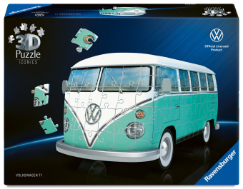 3D Puzzle Iconics: Volkswagen T1: Eine wahre Ikone im 3D Puzzle Modellformat. Puzzleformat: 145 x 300 mm. Inhalt: 162 nummerierte Kunststoff-Puzzleteile + viele Zubehörteile + Anleitung + Infotafel.