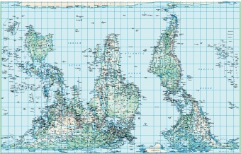 Physische Weltkarte Petersprojektion, südorientiert und pazifikzentriert, Englisch(130 x 82 cm): 1:65000000