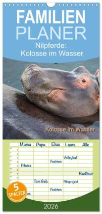 Familienplaner 2026 - Nilpferde, Kolosse im Wasser mit 5 Spalten (Wandkalender, 21 x 45 cm) CALVENDO: Atemberaubende Aufnahmen des afrikanischen "Hippos"