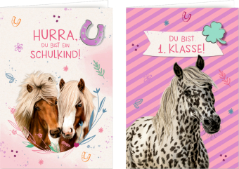 Grußkarte mit Wegbegleiter-Pin - Du bist 1. Klasse! / Hurra, du bist ein Schulkind!: (Pferdefreunde): Glückwunschkarte mit Kuvert und Pin als Wegbegleiter zum Schulanfang für Jungen und Mädchen, perfektes Geschenk zur Einschulung und die Schultüte