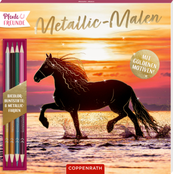 Metallic-Malen: Bicolor-Buntstifte: 8 Metallic-Farben: Pferde-Malblock mit Metallicfolie und Bicolor-Stiften für Kinder ab 8 Jahren